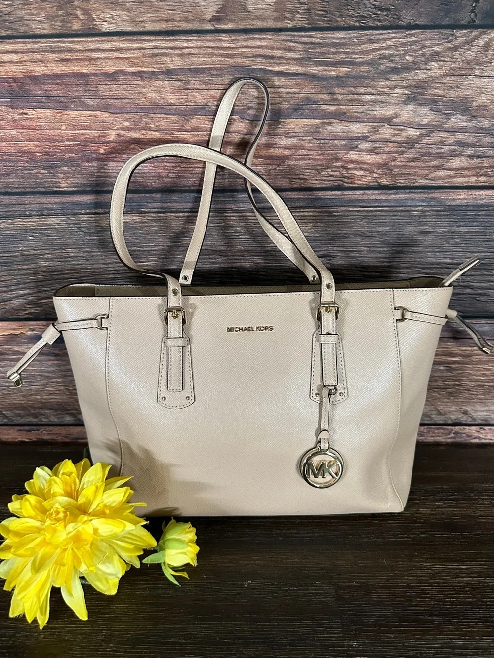Michael Kors Tan Pebbled Leather Tote with MK Charm